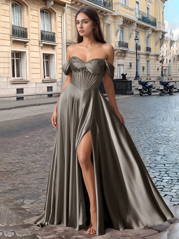 Off Shoulder Crystal Split Long Prom Dress With Pocket