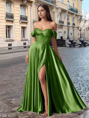 Off Shoulder Crystal Split Long Prom Dress With Pocket