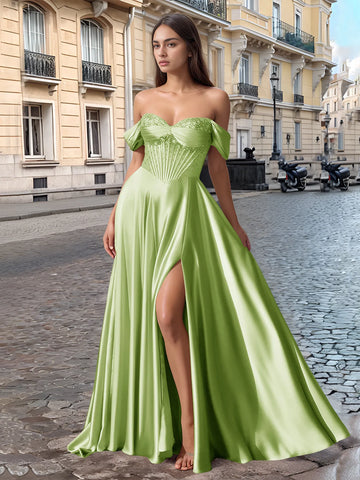 Off Shoulder Crystal Split Long Prom Dress With Pocket
