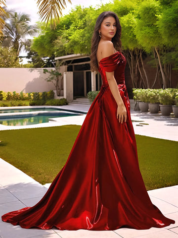 Off Shoulder Sequin Pleated Satin A-Line Prom Dress Long with Slit