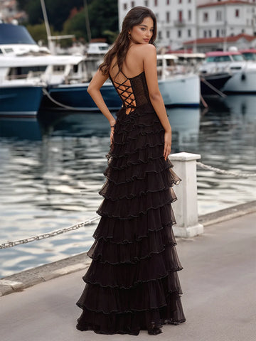 Sparkly Sheer Bodice Hand Beading Spaghetti Strap Ruffle Slit Prom Dress