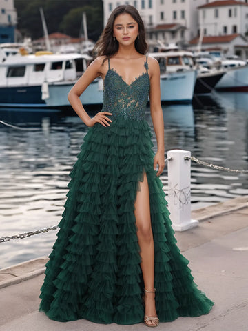 Sparkly Bodice Spaghetti Strap Layered Slit Ball Gown Prom Dress