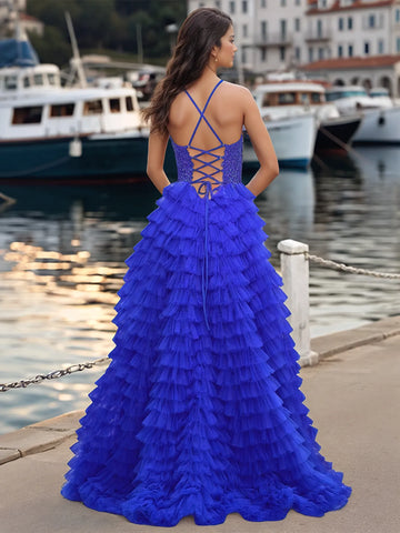 Sparkly Bodice Spaghetti Strap Layered Slit Ball Gown Prom Dress