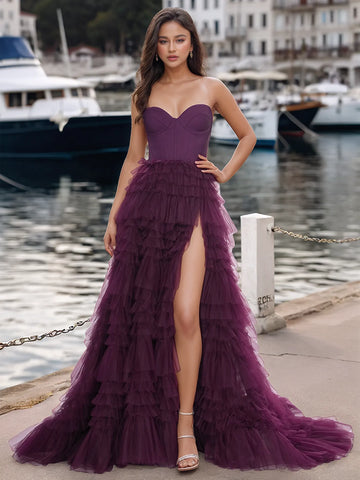Bodice Spaghetti Strap Tulle Ruffle Prom Dress With Slit