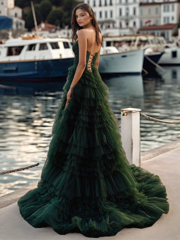 Bodice Spaghetti Strap Tulle Ruffle Prom Dress With Slit