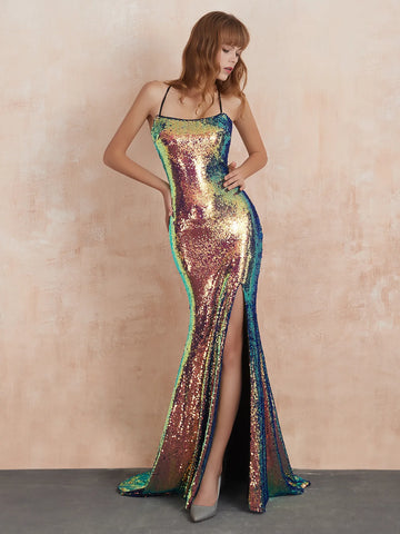 Sparkly Sequin Sexy Evening Dress with Back Cross Straps
