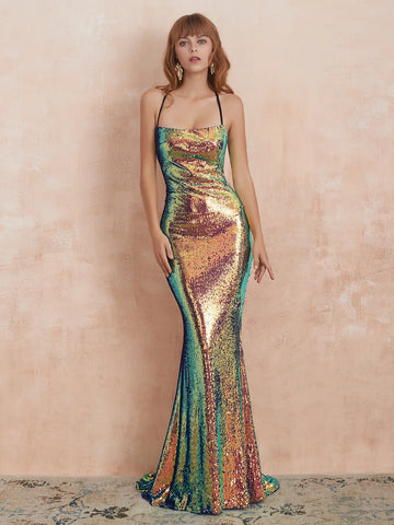 Sparkly Sequin Evening Dress with Lace Up Back