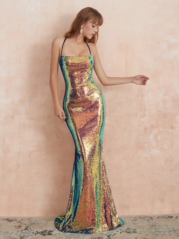 Sparkly Sequin Evening Dress with Lace Up Back