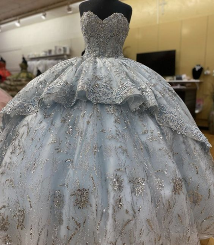 Robe de bal sans manches à fleurs bleu fumé faites main, ornée d'appliqués, pour les 16 ans (Y6294)