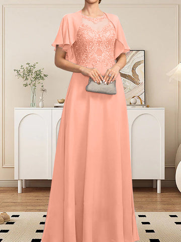 A-line Scoop Illusion Floor-Length Lace Chiffon Mother of the Bride Dress With Sequins