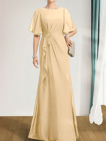 A-line Scoop Floor-Length Chiffon Mother of the Bride Dress With Cascading Ruffles Beading Sequins