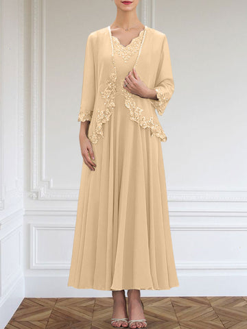 A-line V-Neck Ankle-Length Chiffon Mother of the Bride Dress With Sequins Appliques Lace Beading