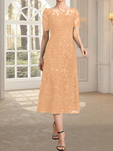 A-line Scoop Illusion Tea-Length Lace Mother of the Bride Dress With Sequins