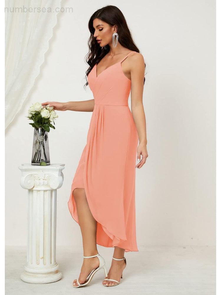 Spaghetti Chiffon V Neck Bridesmaid Dress Mid-Length Slit Formal Prom Dress Homecoming Dress 2803