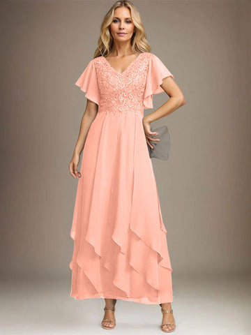 A-line V-Neck Ankle-Length Lace Chiffon Mother of the Bride Dress With Cascading Ruffles