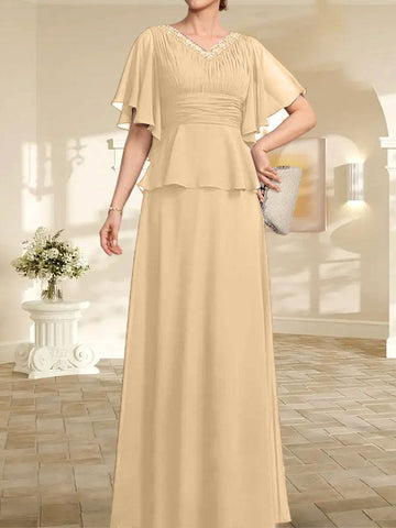 A-line V-Neck Floor-Length Chiffon Mother of the Bride Dress With Pleated Beading