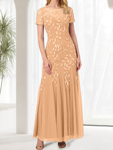 Vestido largo azul de sirena con cuello redondo para la madre de la novia con pedrería