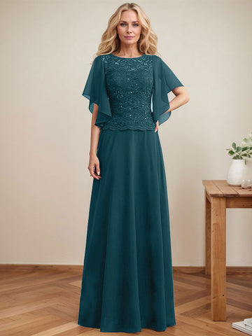 A-line Scoop Illusion Floor-Length Lace Chiffon Mother of the Bride Dress With Sequins
