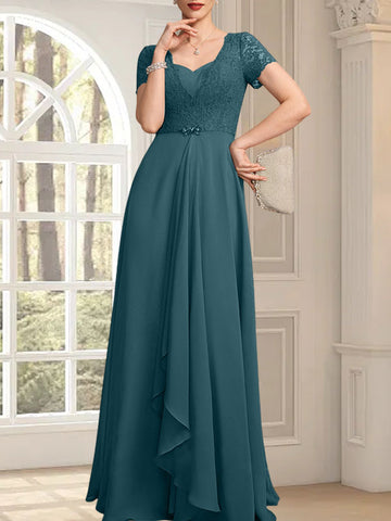 A-line Sweetheart Floor-Length Chiffon Lace Mother of the Bride Dress With Beading Cascading Ruffles