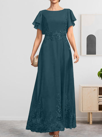 A-line Scoop Ankle-Length Lace Chiffon Mother of the Bride Dress With Sequins