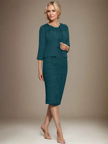 Sheath/Column Scoop Knee-Length Chiffon Lace Mother of the Bride Dress With Beading