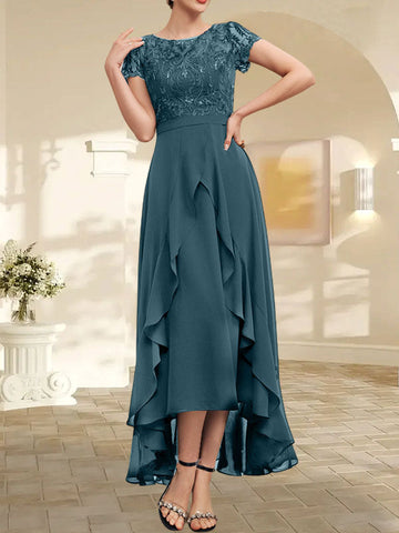 A-line Scoop Illusion Asymmetrical Chiffon Lace Mother of the Bride Dress With Bow Ruffle Sequins