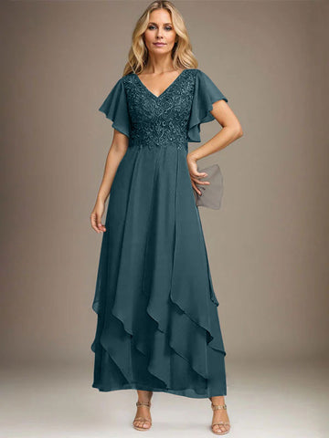A-line V-Neck Ankle-Length Lace Chiffon Mother of the Bride Dress With Cascading Ruffles