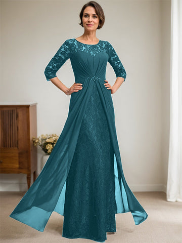 A-Line Scoop Illusion Floor-Length Lace Chiffon Mother Of the Bride Dress With Beading Ruffles