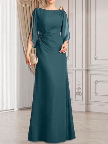 Vestido de corte recto/columna, largo hasta el suelo, de gasa, para la madre de la novia, con plisados ​​y cuentas.