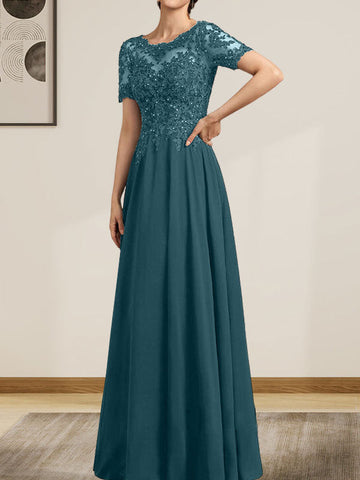 A-line Scoop Illusion Floor-Length Chiffon Lace Mother of the Bride Dress With Sequins Beading
