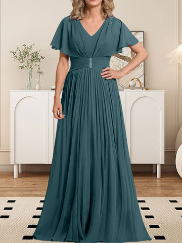 A-line V-Neck Floor-Length Chiffon Mother of the Bride Dress With Crystal Brooch Pleated