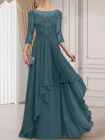 A-line Scoop Illusion Floor-Length Lace Chiffon Mother of the Bride Dress With Cascading Ruffles