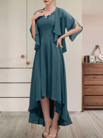 A-line V-Neck Asymmetrical Chiffon Mother of the Bride Dress With Beading Sequins