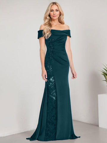 A-Line Off the Shoulder Floor-Length Mother of the Bride Dress Applique Beadings Mermaid Dress With  High Split