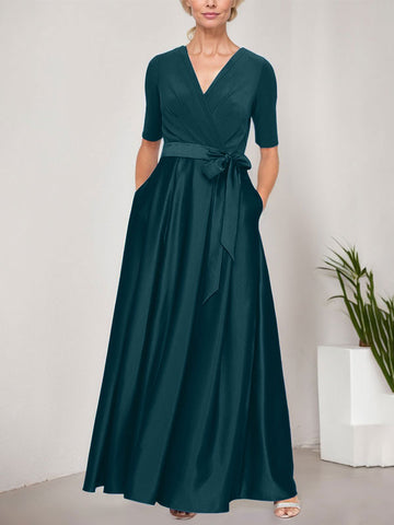 Surplice Neckline Ballgown with Full Satin Skirt & Jersey Bodice