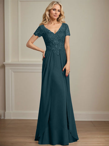 A-line V-Neck Floor-Length Chiffon Lace Mother of the Bride Dress