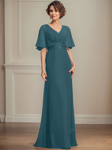 A-line V-Neck Floor-Length Chiffon Mother of the Bride Dress With Pleated Sequins Appliques Lace