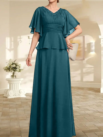 A-line V-Neck Floor-Length Chiffon Mother of the Bride Dress With Pleated Beading