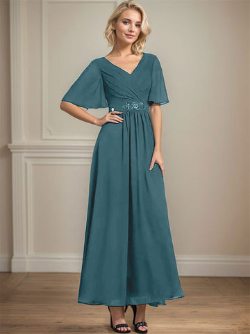 A-line V-Neck Ankle-Length Chiffon Mother of the Bride Dress With Pleated Beading Sequins