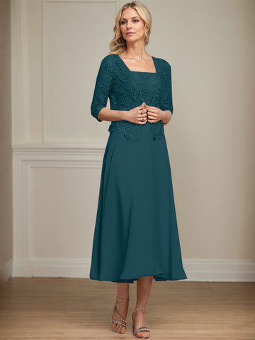 A-line Square Tea-Length Chiffon Lace Mother of the Bride Dress With Sequins Beading
