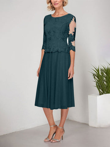 A-line Scoop Tea-Length Lace Chiffon Mother of the Bride Dress With Embroidery
