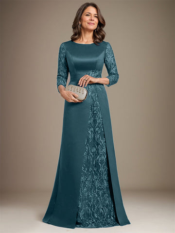 A-Line Scoop Floor-Length Lace Satin Mother Of the Bride Dress With Applique
