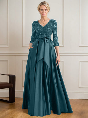 A-line V-Neck Floor-Length Satin Lace Mother of the Bride Dress With Sequins Bow