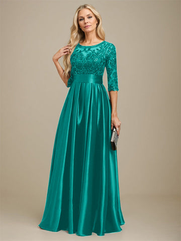 A-line Scoop Illusion Floor-Length Stretch Satin Lace Mother of the Bride Dress With Bow Sequins