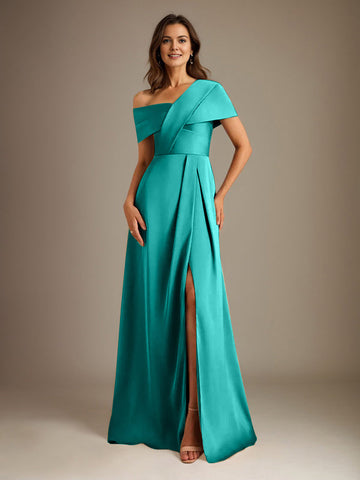 A-Line Asymmetrical Neckline Floor-Length Satin Mother of the Bride Dress With Pleated