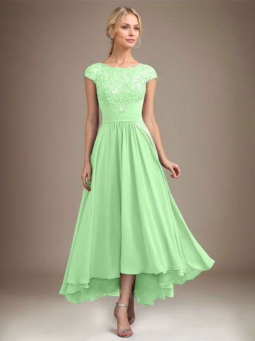 A-line Scoop Illusion Asymmetrical Lace Chiffon Mother of the Bride Dress With Pleated