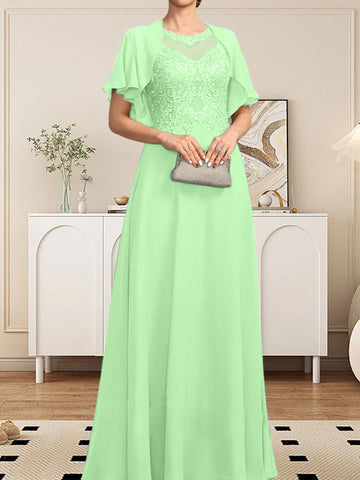 A-line Scoop Illusion Floor-Length Lace Chiffon Mother of the Bride Dress With Sequins