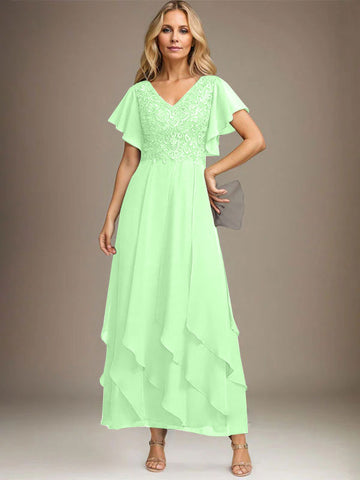 A-line V-Neck Ankle-Length Lace Chiffon Mother of the Bride Dress With Cascading Ruffles