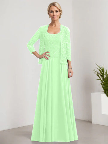 A-line Square Floor-Length Lace Chiffon Mother of the Bride Dress With Sequins