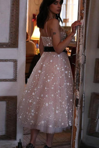 Vestidos de fiesta de bienvenida de tul rosa perla, corte en A, tirantes finos y largo hasta la rodilla